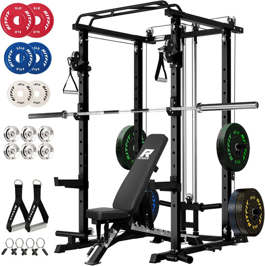 Multi-Function Garage & Home Gym Package Includes 1200LBS Power Cage PPC03/P3 with Cable Crossover System, Weight Bench, Olympic Barbell Weight Set, Full Body Workout